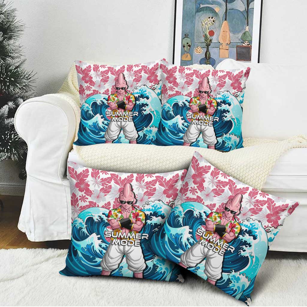 Majin Buu Dragon Ball Summer Theme Pillow Cover with Floral Shirt Sunglasses Shenron and Ocean Wave Background - The Mazicc
