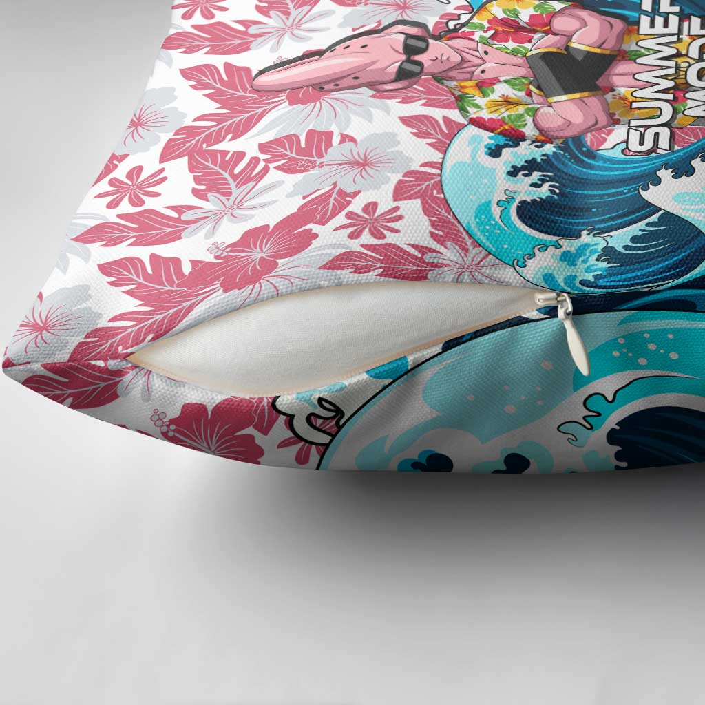 Majin Buu Dragon Ball Summer Theme Pillow Cover with Floral Shirt Sunglasses Shenron and Ocean Wave Background - The Mazicc