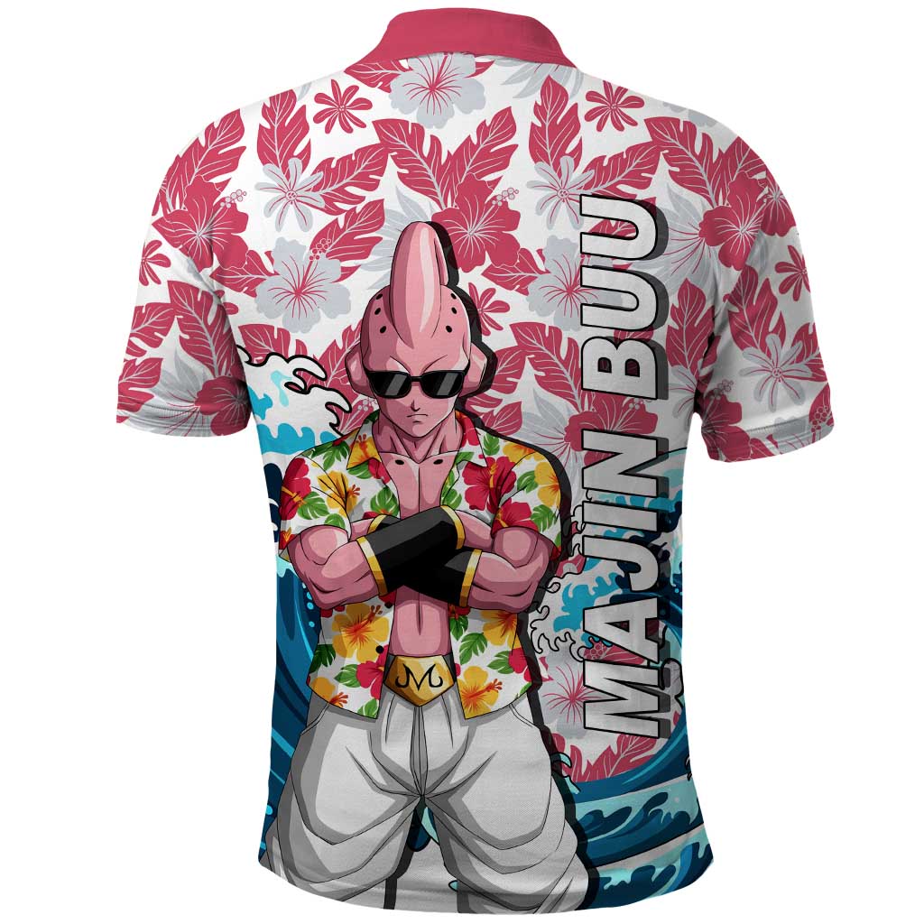 Majin Buu Dragon Ball Summer Theme Polo Shirt with Floral Shirt Sunglasses Shenron and Ocean Wave Background - The Mazicc