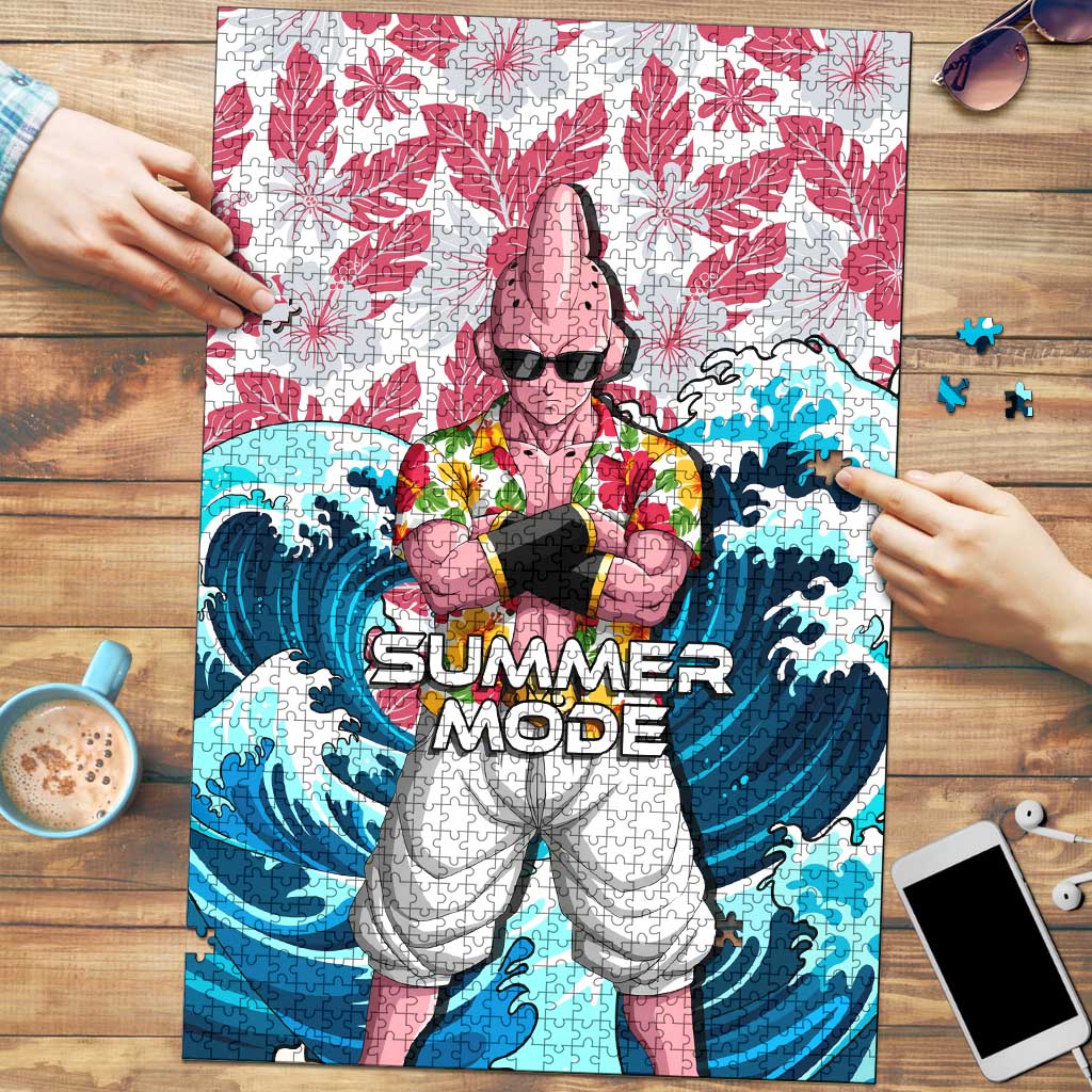 Majin Buu Dragon Ball Summer Theme Puzzle with Floral Shirt Sunglasses Shenron and Ocean Wave Background - The Mazicc