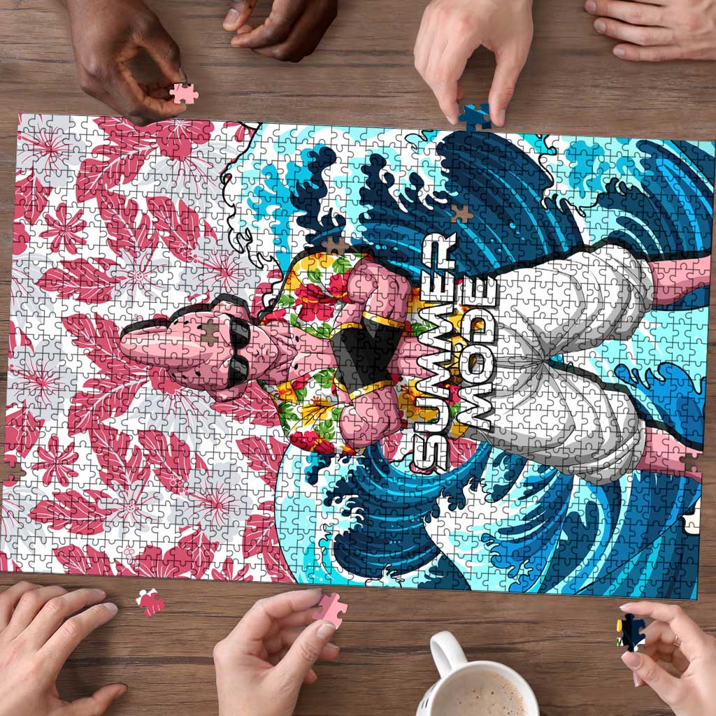 Majin Buu Dragon Ball Summer Theme Puzzle with Floral Shirt Sunglasses Shenron and Ocean Wave Background - The Mazicc