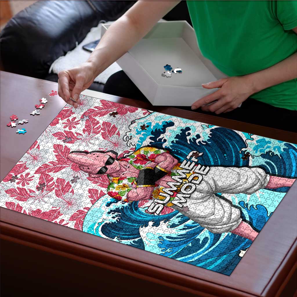 Majin Buu Dragon Ball Summer Theme Puzzle with Floral Shirt Sunglasses Shenron and Ocean Wave Background - The Mazicc