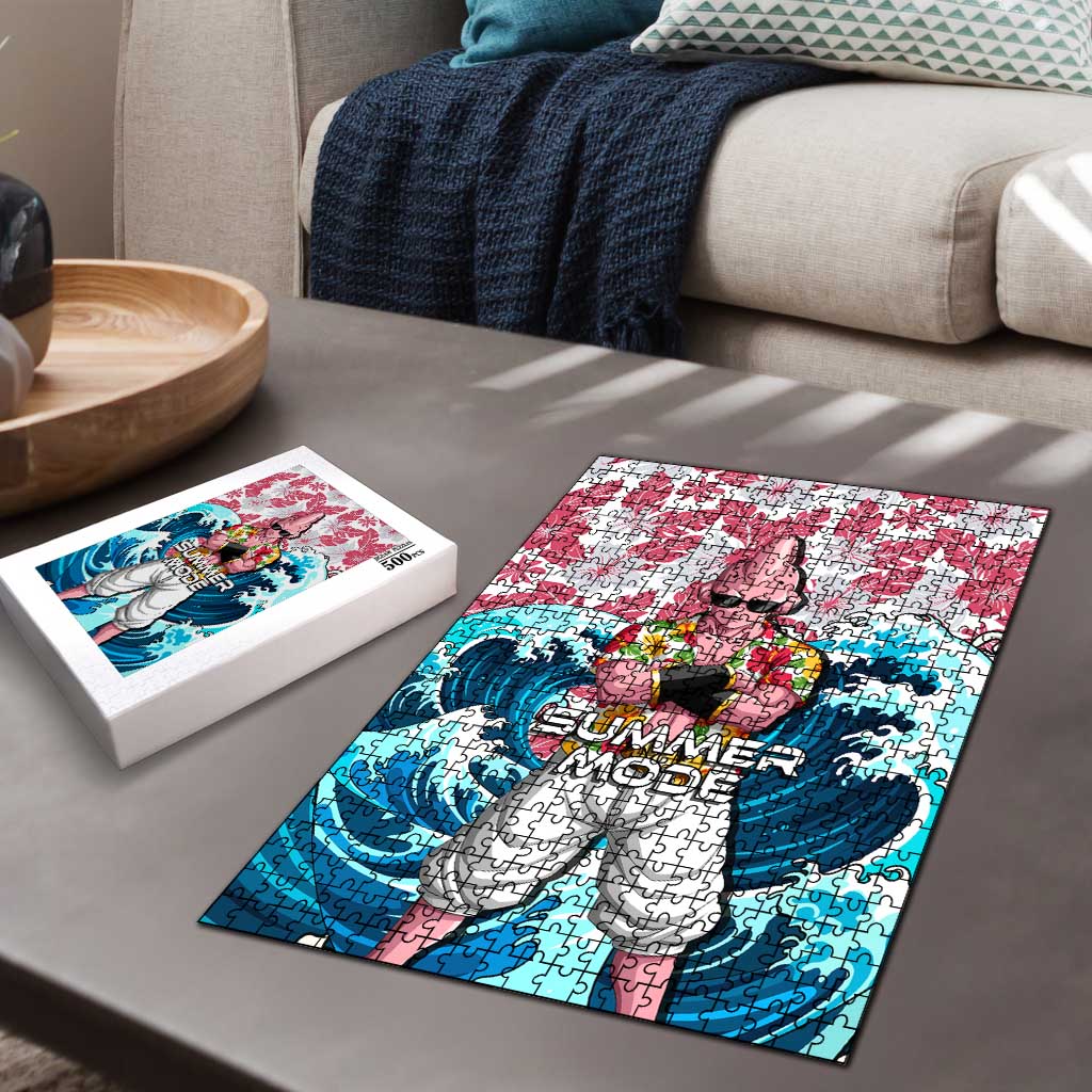 Majin Buu Dragon Ball Summer Theme Puzzle with Floral Shirt Sunglasses Shenron and Ocean Wave Background - The Mazicc