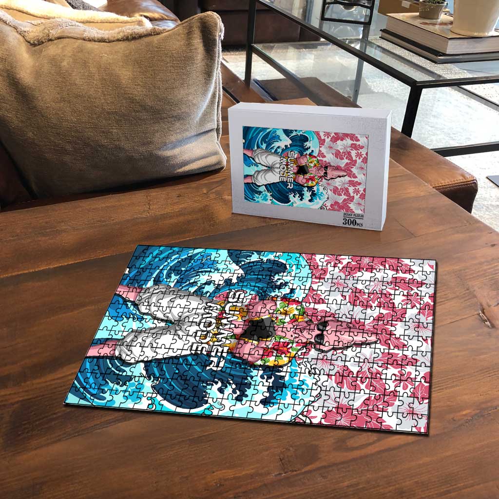 Majin Buu Dragon Ball Summer Theme Puzzle with Floral Shirt Sunglasses Shenron and Ocean Wave Background - The Mazicc