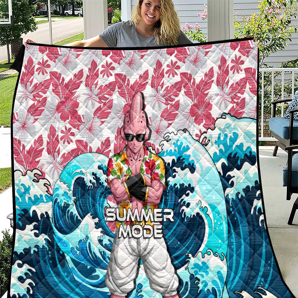 Majin Buu Dragon Ball Summer Theme Quilt with Floral Shirt Sunglasses Shenron and Ocean Wave Background - The Mazicc