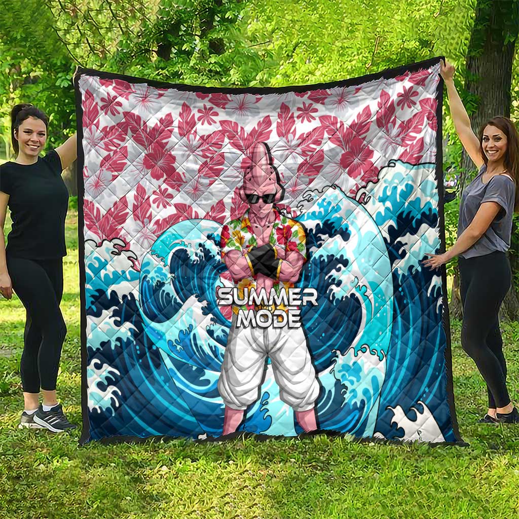 Majin Buu Dragon Ball Summer Theme Quilt with Floral Shirt Sunglasses Shenron and Ocean Wave Background - The Mazicc