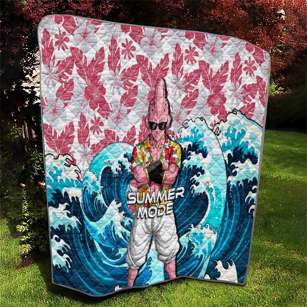 Majin Buu Dragon Ball Summer Theme Quilt with Floral Shirt Sunglasses Shenron and Ocean Wave Background - The Mazicc