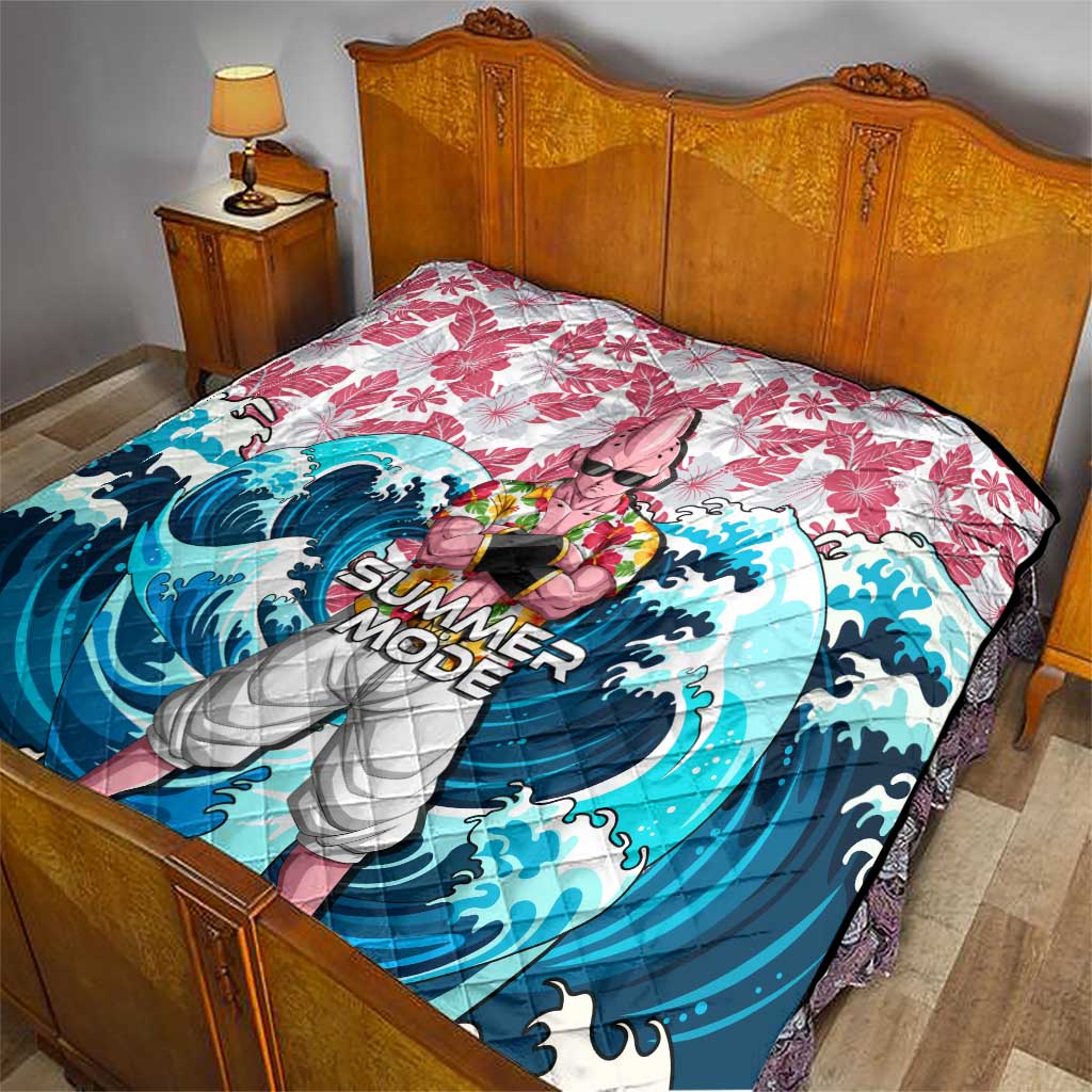 Majin Buu Dragon Ball Summer Theme Quilt with Floral Shirt Sunglasses Shenron and Ocean Wave Background - The Mazicc