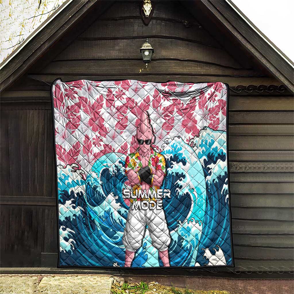 Majin Buu Dragon Ball Summer Theme Quilt with Floral Shirt Sunglasses Shenron and Ocean Wave Background - The Mazicc