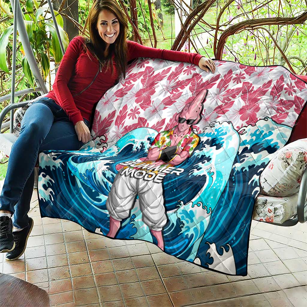 Majin Buu Dragon Ball Summer Theme Quilt with Floral Shirt Sunglasses Shenron and Ocean Wave Background - The Mazicc
