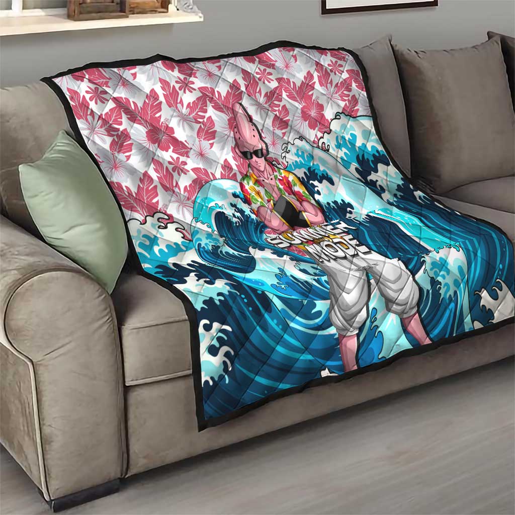 Majin Buu Dragon Ball Summer Theme Quilt with Floral Shirt Sunglasses Shenron and Ocean Wave Background - The Mazicc