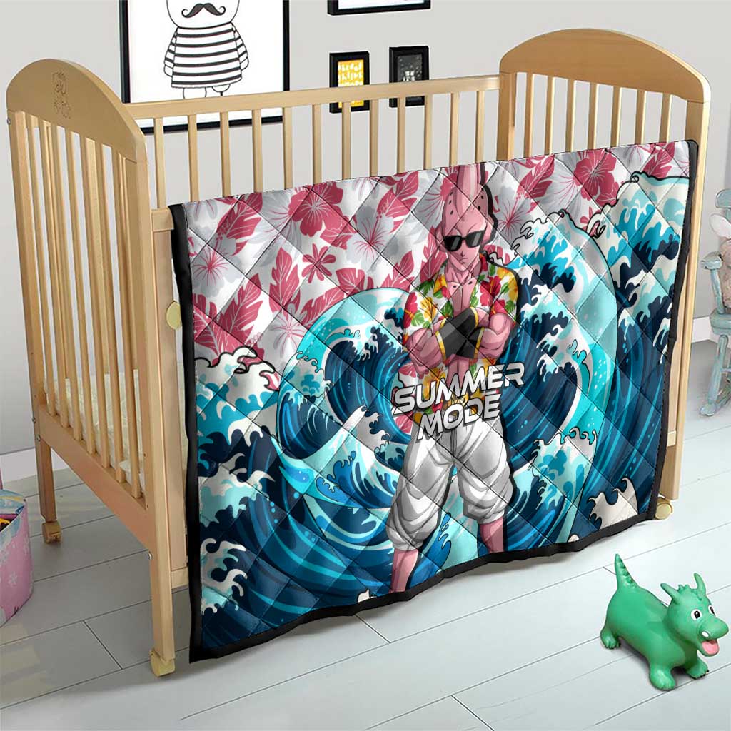 Majin Buu Dragon Ball Summer Theme Quilt with Floral Shirt Sunglasses Shenron and Ocean Wave Background - The Mazicc