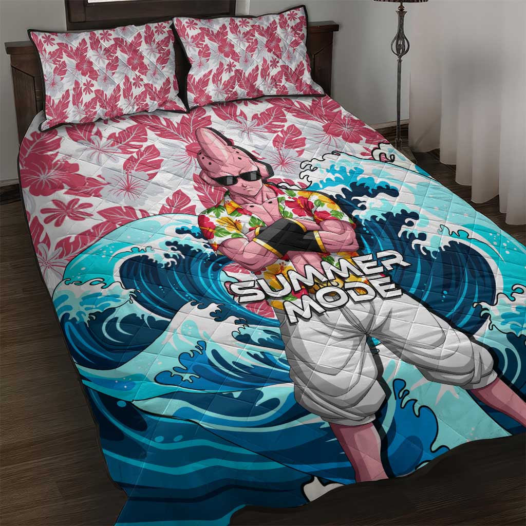 Majin Buu Dragon Ball Summer Theme Quilt Bed Set with Floral Shirt Sunglasses Shenron and Ocean Wave Background - The Mazicc