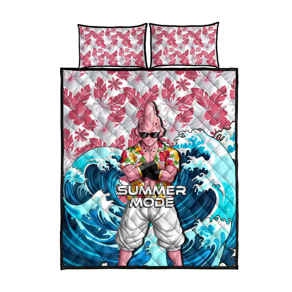 Majin Buu Dragon Ball Summer Theme Quilt Bed Set with Floral Shirt Sunglasses Shenron and Ocean Wave Background - The Mazicc