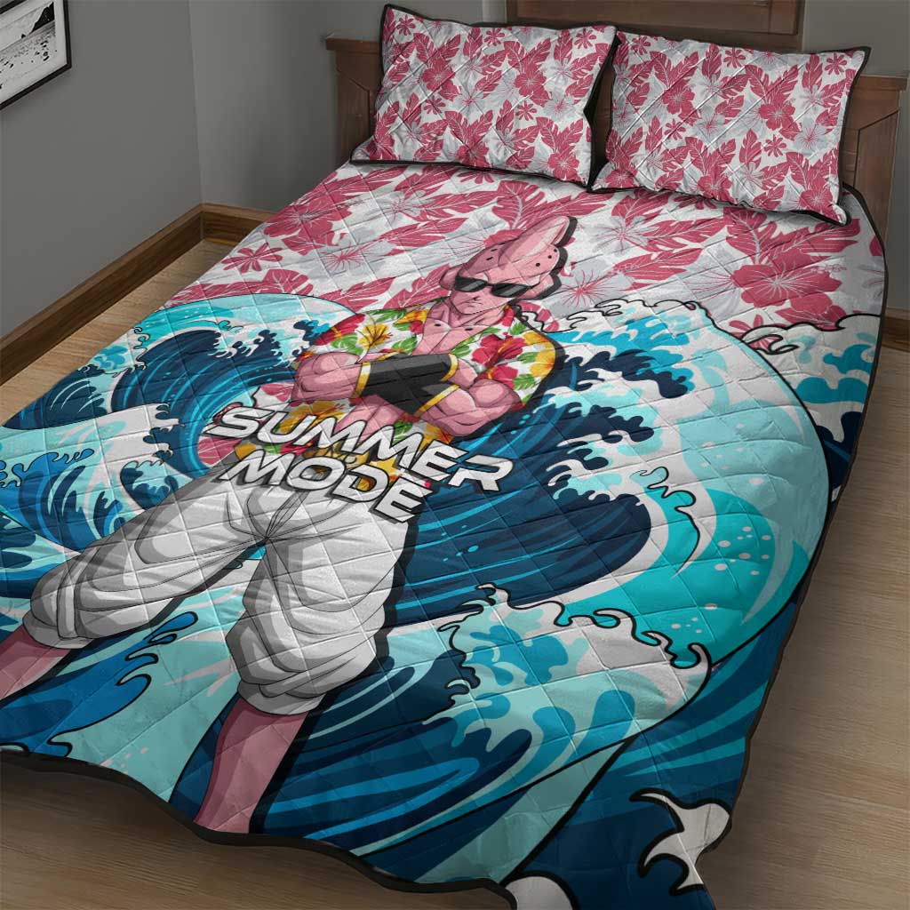 Majin Buu Dragon Ball Summer Theme Quilt Bed Set with Floral Shirt Sunglasses Shenron and Ocean Wave Background - The Mazicc