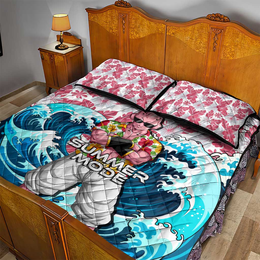 Majin Buu Dragon Ball Summer Theme Quilt Bed Set with Floral Shirt Sunglasses Shenron and Ocean Wave Background - The Mazicc
