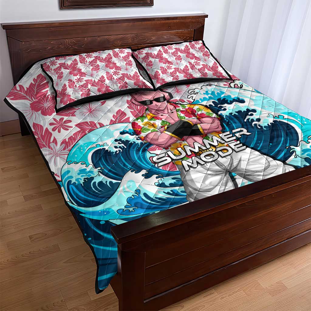 Majin Buu Dragon Ball Summer Theme Quilt Bed Set with Floral Shirt Sunglasses Shenron and Ocean Wave Background - The Mazicc