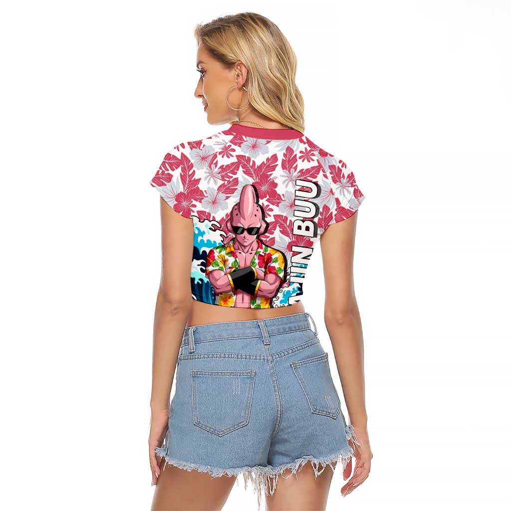 Majin Buu Dragon Ball Summer Theme Raglan Cropped T Shirt with Floral Shirt Sunglasses Shenron and Ocean Wave Background - The Mazicc