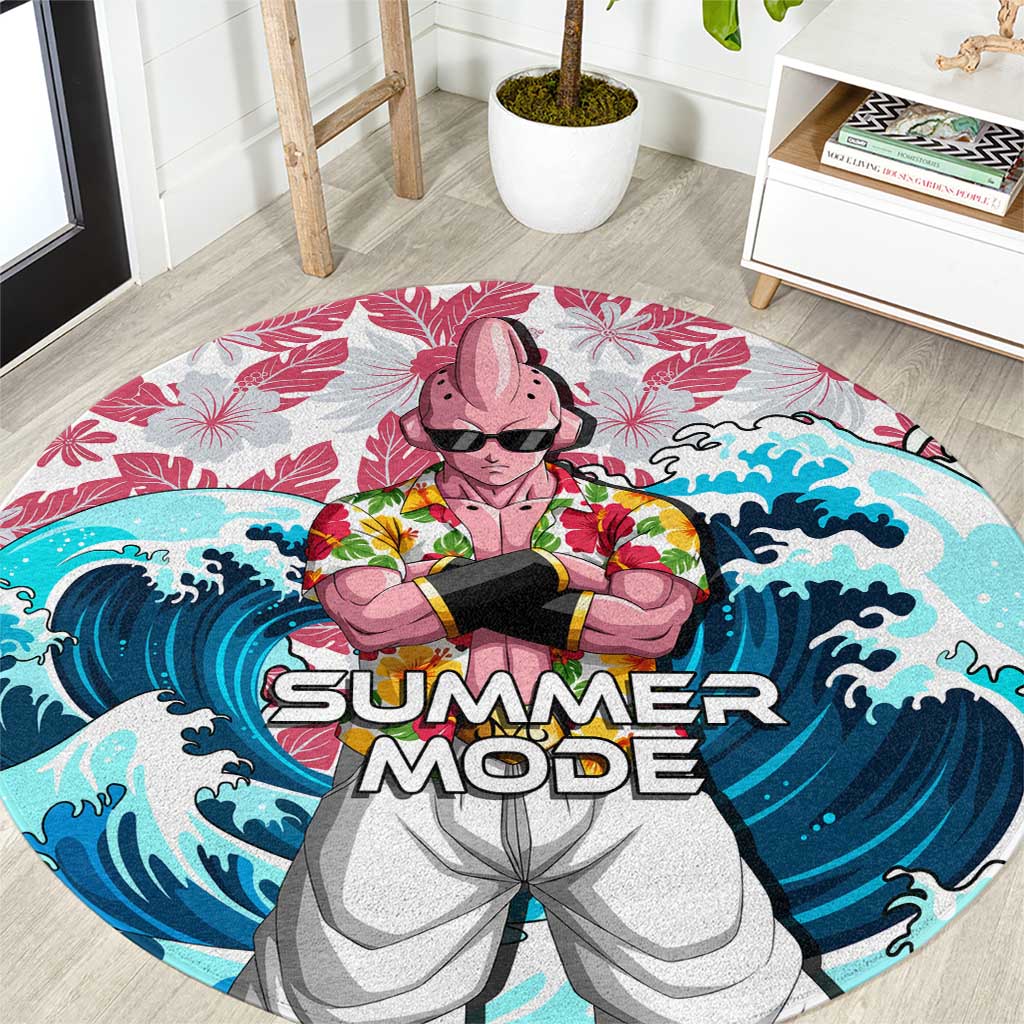 Majin Buu Dragon Ball Summer Theme Round Carpet with Floral Shirt Sunglasses Shenron and Ocean Wave Background - The Mazicc