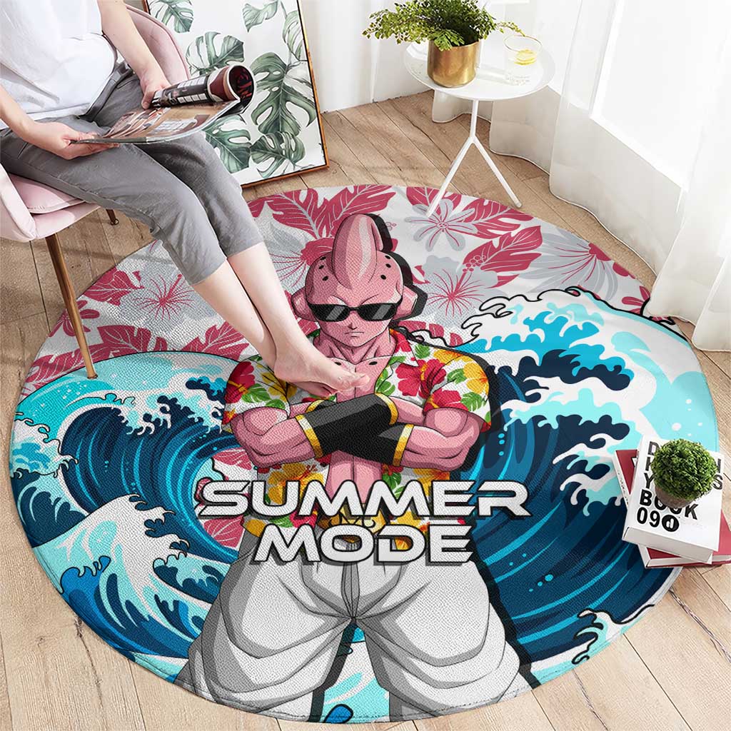 Majin Buu Dragon Ball Summer Theme Round Carpet with Floral Shirt Sunglasses Shenron and Ocean Wave Background - The Mazicc