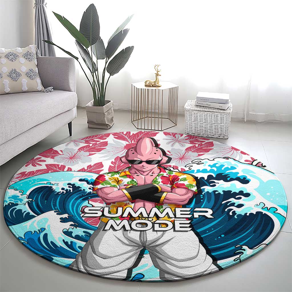 Majin Buu Dragon Ball Summer Theme Round Carpet with Floral Shirt Sunglasses Shenron and Ocean Wave Background - The Mazicc