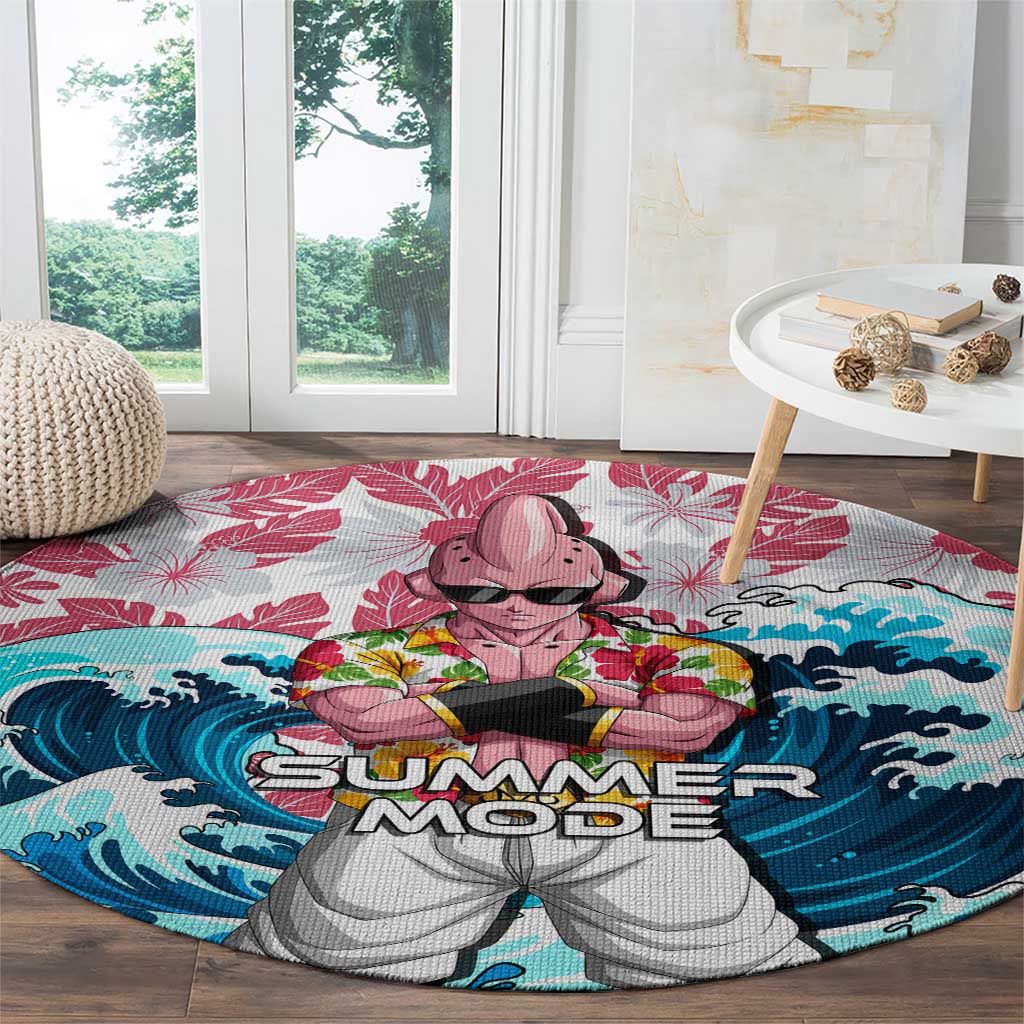 Majin Buu Dragon Ball Summer Theme Round Carpet with Floral Shirt Sunglasses Shenron and Ocean Wave Background - The Mazicc