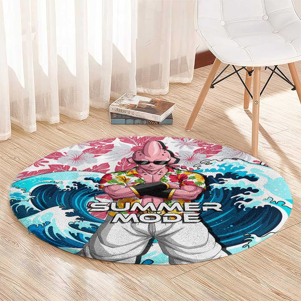 Majin Buu Dragon Ball Summer Theme Round Carpet with Floral Shirt Sunglasses Shenron and Ocean Wave Background - The Mazicc