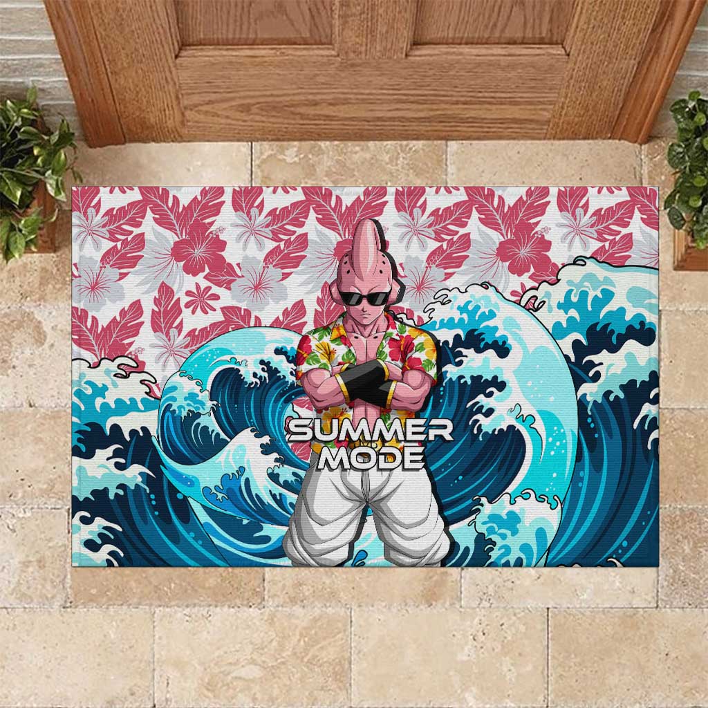 Majin Buu Dragon Ball Summer Theme Rubber Doormat with Floral Shirt Sunglasses Shenron and Ocean Wave Background - The Mazicc