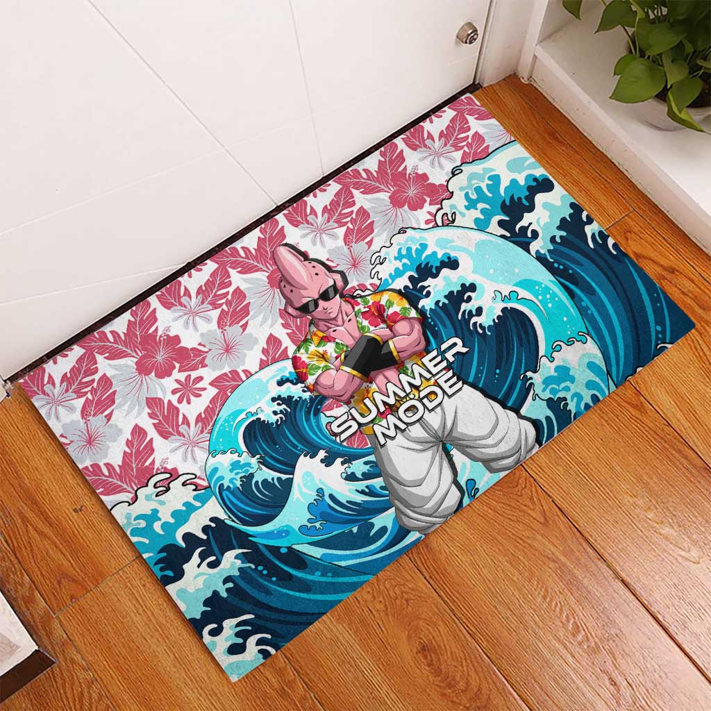 Majin Buu Dragon Ball Summer Theme Rubber Doormat with Floral Shirt Sunglasses Shenron and Ocean Wave Background - The Mazicc