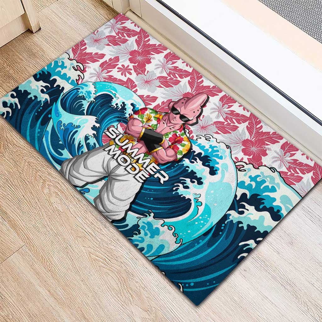 Majin Buu Dragon Ball Summer Theme Rubber Doormat with Floral Shirt Sunglasses Shenron and Ocean Wave Background - The Mazicc