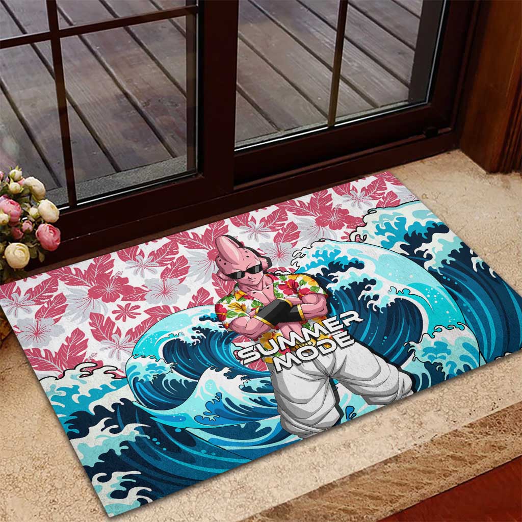 Majin Buu Dragon Ball Summer Theme Rubber Doormat with Floral Shirt Sunglasses Shenron and Ocean Wave Background - The Mazicc