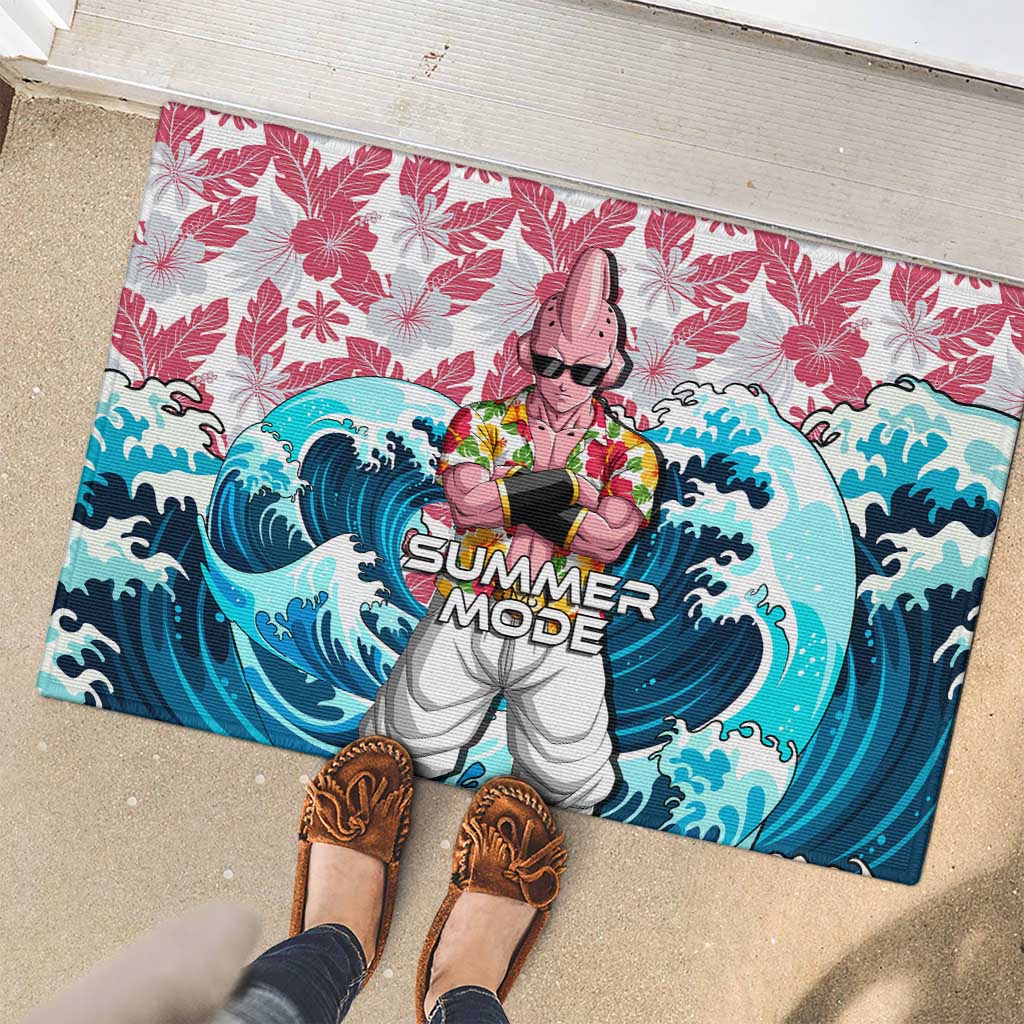 Majin Buu Dragon Ball Summer Theme Rubber Doormat with Floral Shirt Sunglasses Shenron and Ocean Wave Background - The Mazicc
