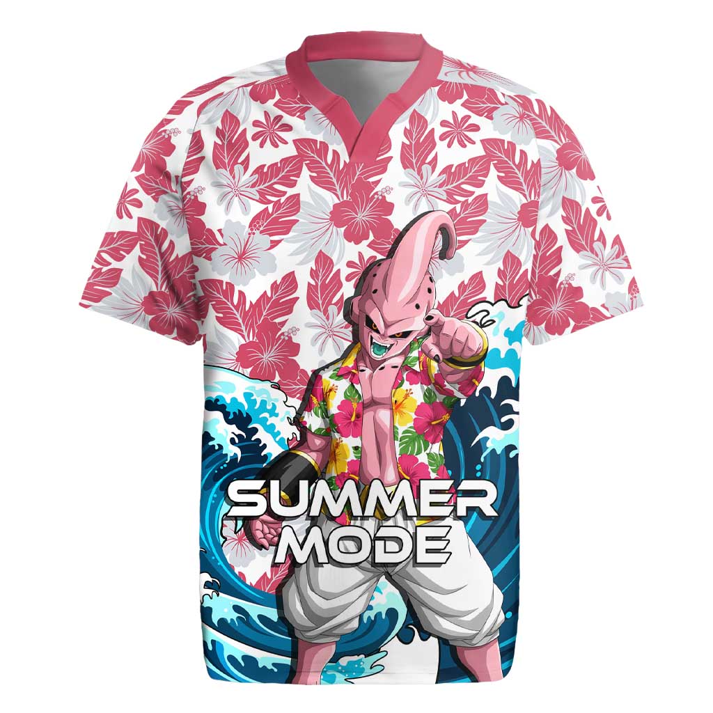 Majin Buu Dragon Ball Summer Theme Rugby Jersey with Floral Shirt Sunglasses Shenron and Ocean Wave Background - The Mazicc