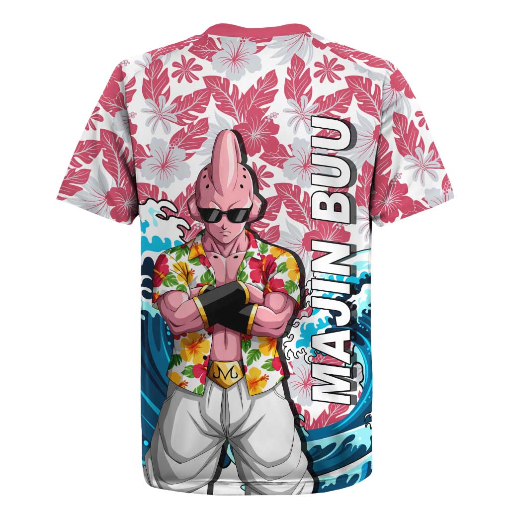 Majin Buu Dragon Ball Summer Theme Rugby Jersey with Floral Shirt Sunglasses Shenron and Ocean Wave Background - The Mazicc