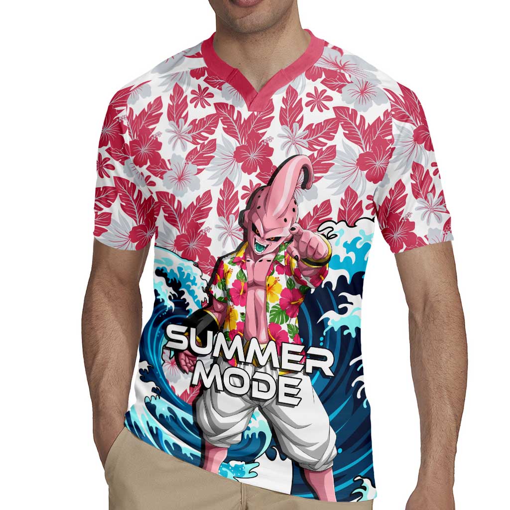 Majin Buu Dragon Ball Summer Theme Rugby Jersey with Floral Shirt Sunglasses Shenron and Ocean Wave Background - The Mazicc