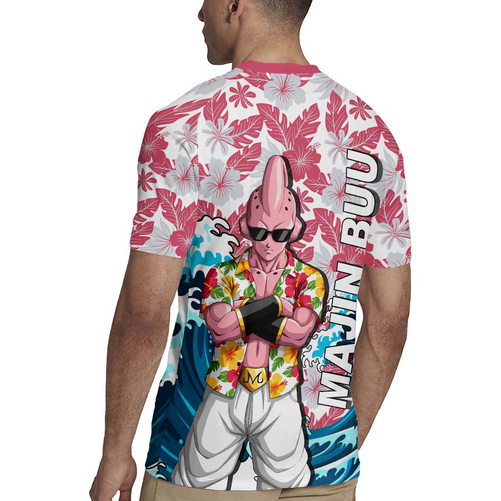 Majin Buu Dragon Ball Summer Theme Rugby Jersey with Floral Shirt Sunglasses Shenron and Ocean Wave Background - The Mazicc