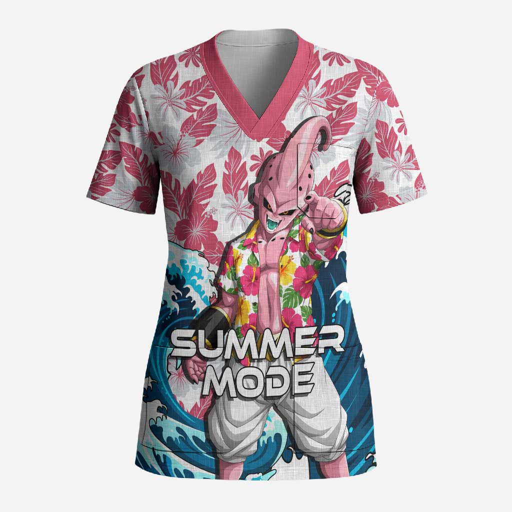 Majin Buu Dragon Ball Summer Theme Scrub Top with Floral Shirt Sunglasses Shenron and Ocean Wave Background - The Mazicc