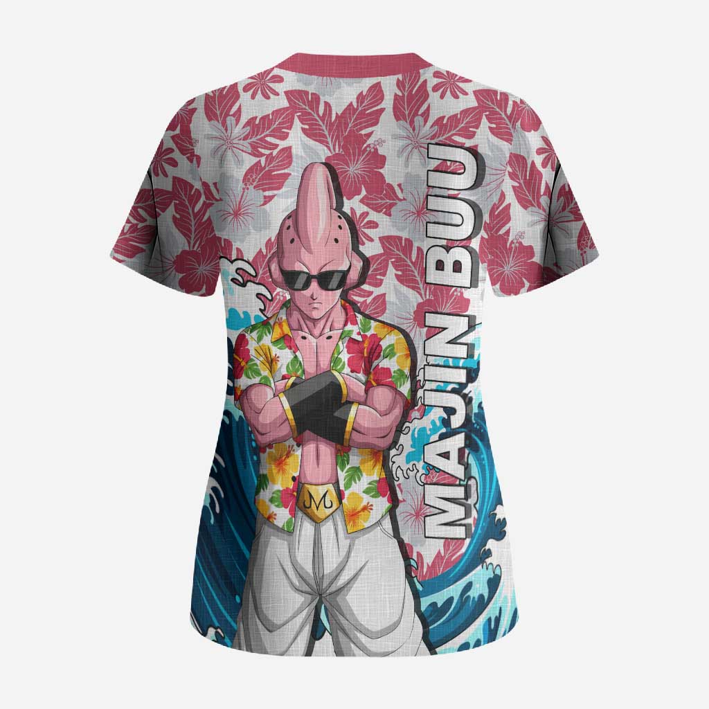 Majin Buu Dragon Ball Summer Theme Scrub Top with Floral Shirt Sunglasses Shenron and Ocean Wave Background - The Mazicc