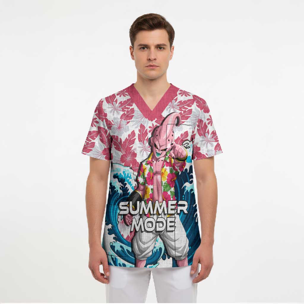 Majin Buu Dragon Ball Summer Theme Scrub Top with Floral Shirt Sunglasses Shenron and Ocean Wave Background - The Mazicc