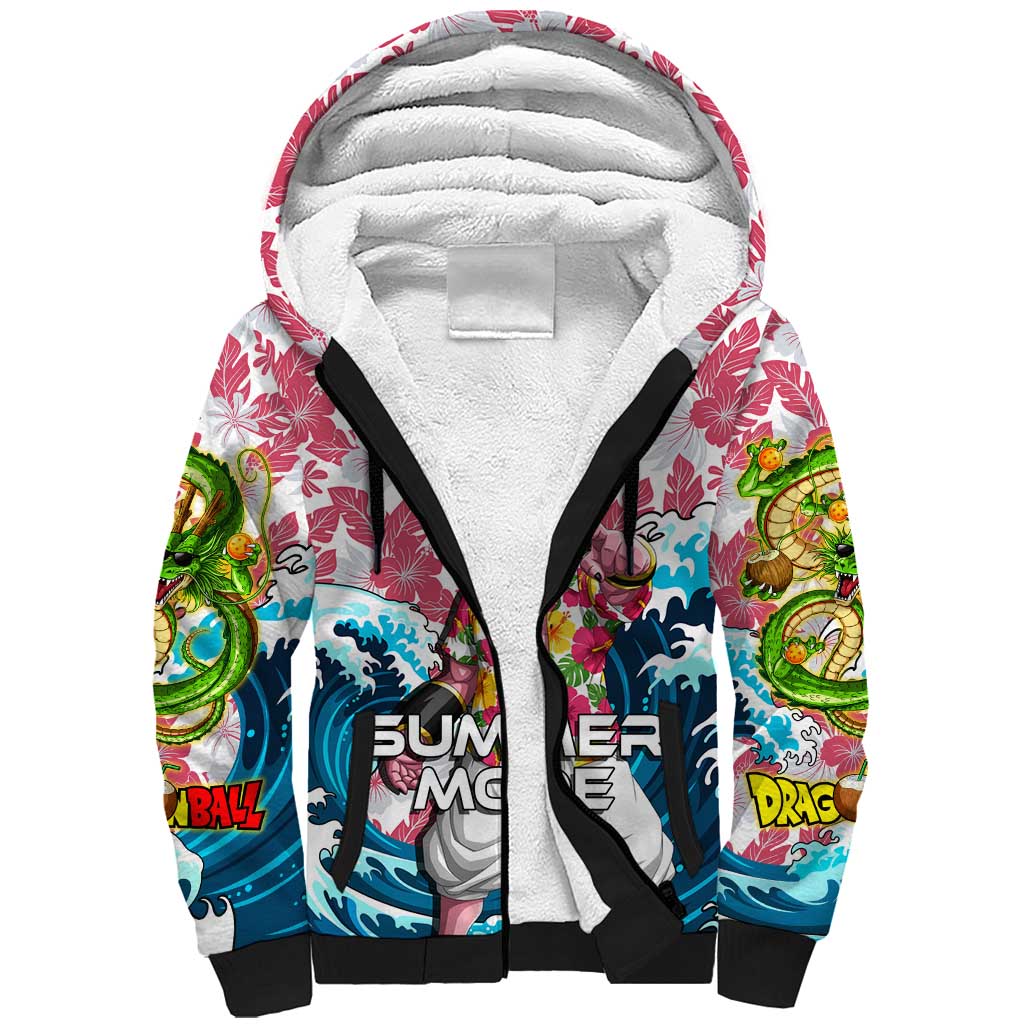 Majin Buu Dragon Ball Summer Theme Sherpa Hoodie with Floral Shirt Sunglasses Shenron and Ocean Wave Background - The Mazicc