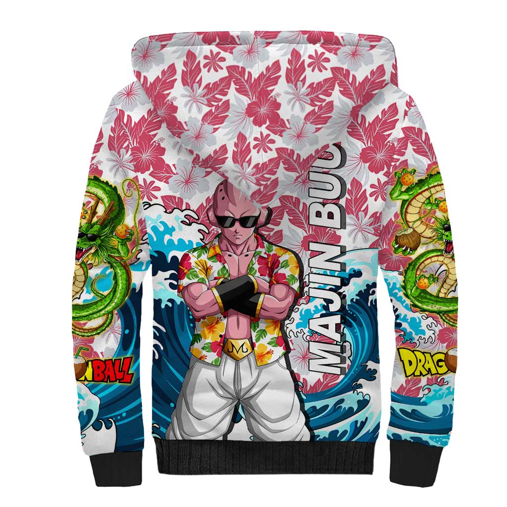 Majin Buu Dragon Ball Summer Theme Sherpa Hoodie with Floral Shirt Sunglasses Shenron and Ocean Wave Background - The Mazicc