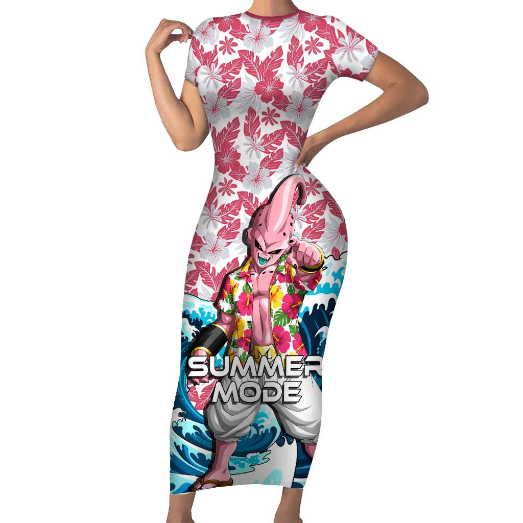Majin Buu Dragon Ball Summer Theme Short Sleeve Bodycon Dress with Floral Shirt Sunglasses Shenron and Ocean Wave Background - The Mazicc