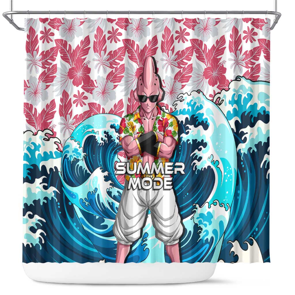 Majin Buu Dragon Ball Summer Theme Shower Curtain with Floral Shirt Sunglasses Shenron and Ocean Wave Background - The Mazicc