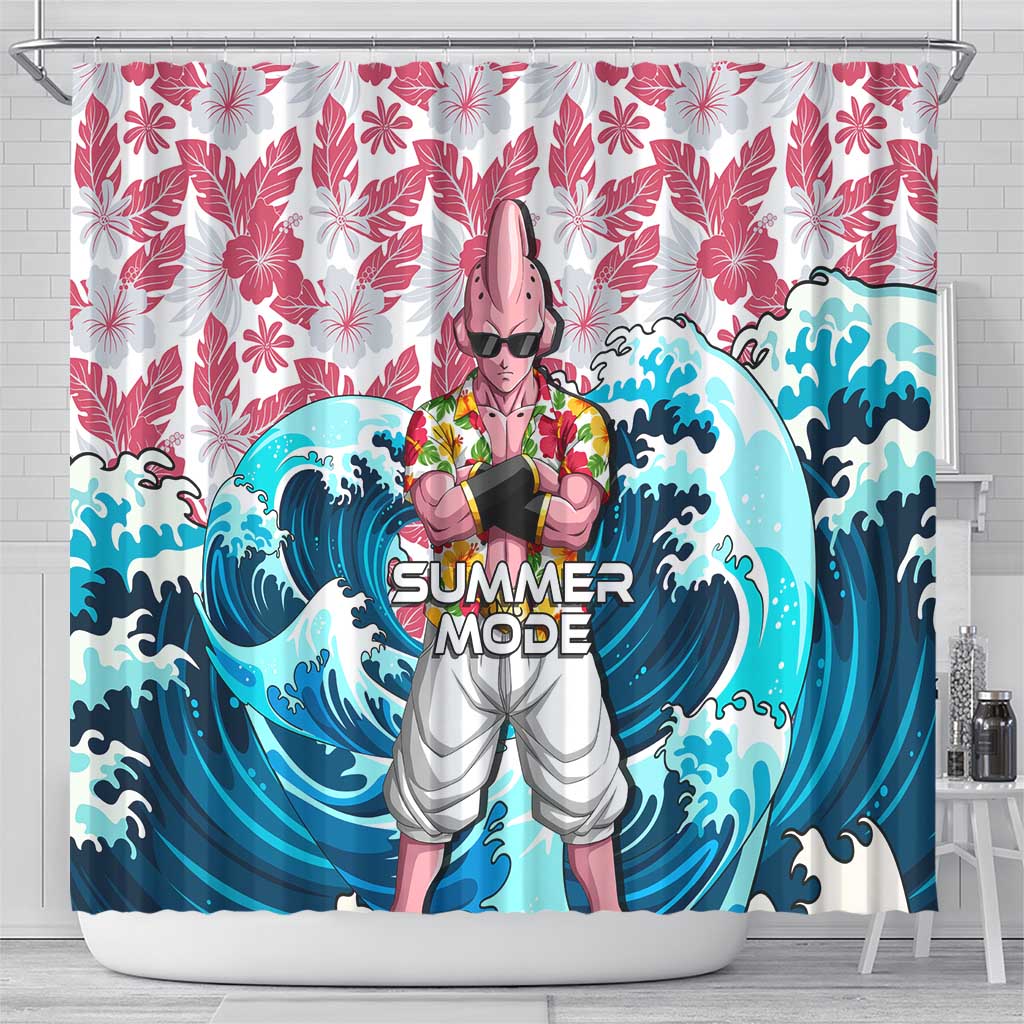 Majin Buu Dragon Ball Summer Theme Shower Curtain with Floral Shirt Sunglasses Shenron and Ocean Wave Background - The Mazicc