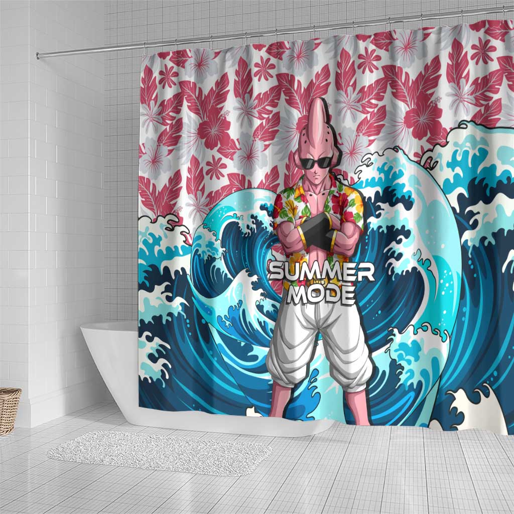 Majin Buu Dragon Ball Summer Theme Shower Curtain with Floral Shirt Sunglasses Shenron and Ocean Wave Background - The Mazicc