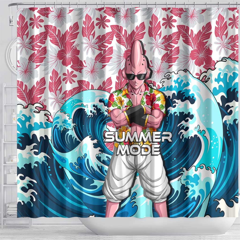 Majin Buu Dragon Ball Summer Theme Shower Curtain with Floral Shirt Sunglasses Shenron and Ocean Wave Background - The Mazicc