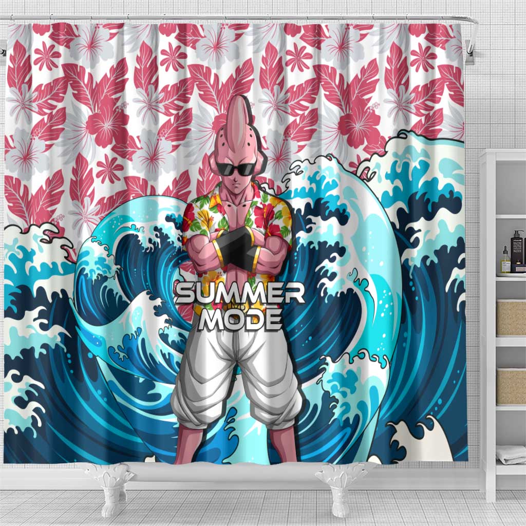 Majin Buu Dragon Ball Summer Theme Shower Curtain with Floral Shirt Sunglasses Shenron and Ocean Wave Background - The Mazicc