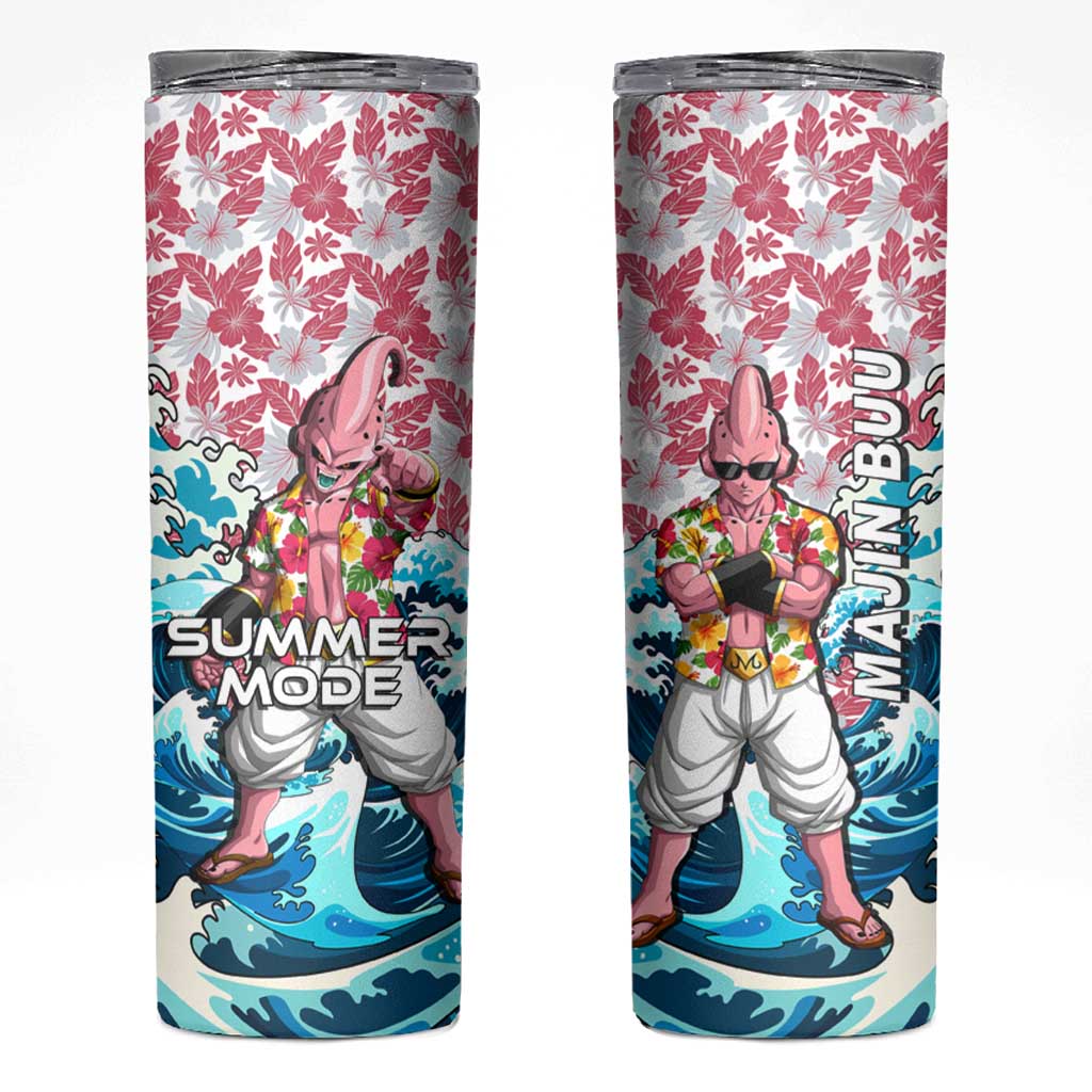 Majin Buu Dragon Ball Summer Theme Skinny Tumbler with Floral Shirt Sunglasses Shenron and Ocean Wave Background - The Mazicc