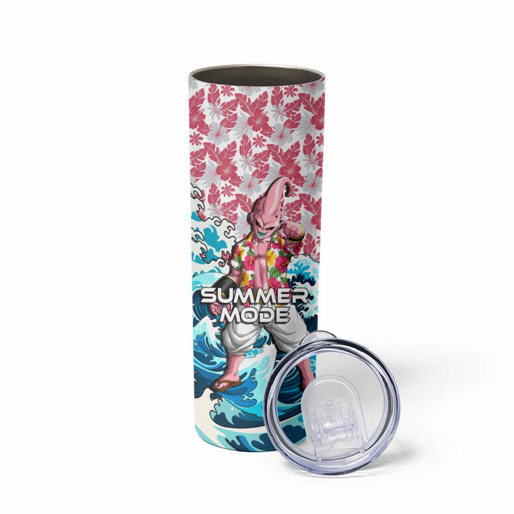 Majin Buu Dragon Ball Summer Theme Skinny Tumbler with Floral Shirt Sunglasses Shenron and Ocean Wave Background - The Mazicc