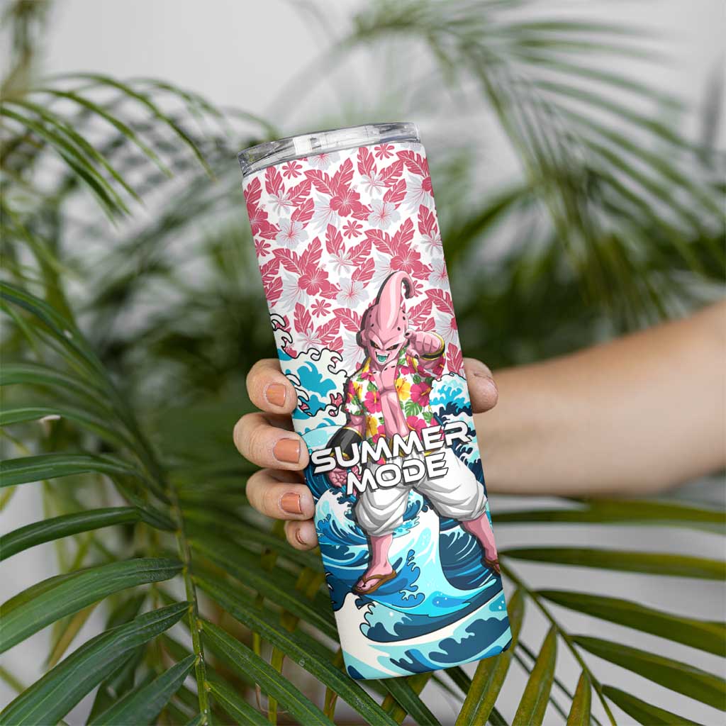 Majin Buu Dragon Ball Summer Theme Skinny Tumbler with Floral Shirt Sunglasses Shenron and Ocean Wave Background - The Mazicc